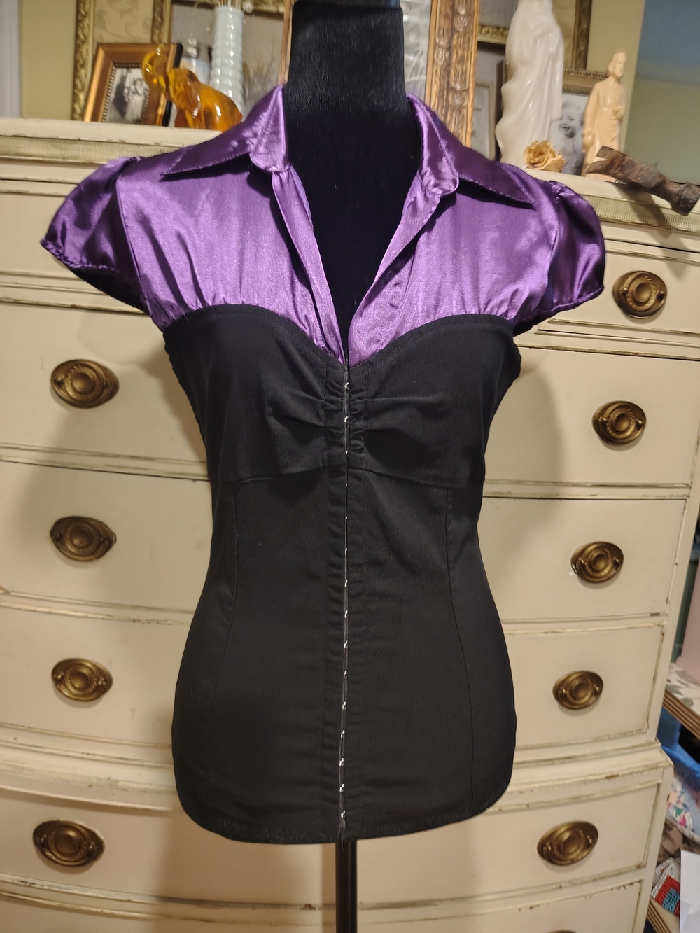 Rue21 Black and Purple Satin-Trim Cap Sleeve Corset Top Goth Witchy